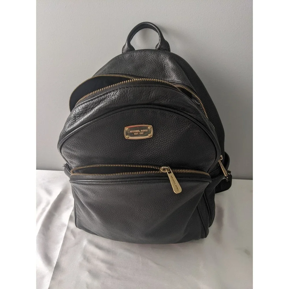 Michael Kors Abbey Black Pebbled Leather Backpack Gold Hardware